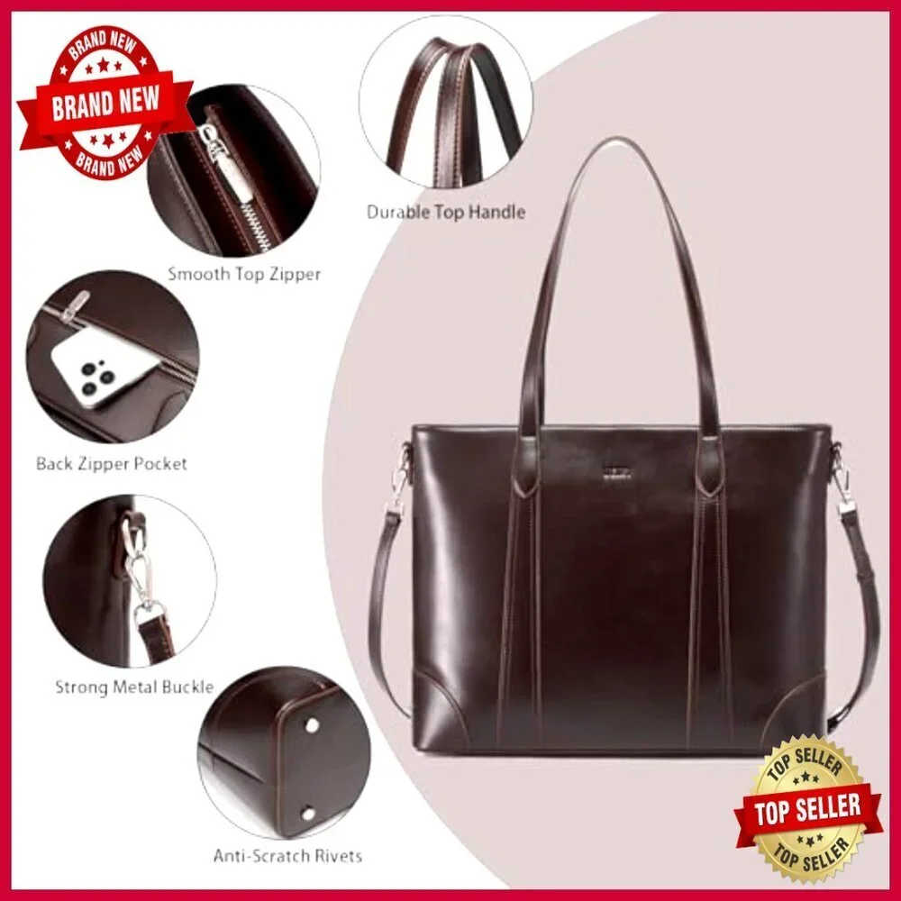 Large Leather Tote Bag with Multiple Pockets, Adjustable Strap, Vintage Style
